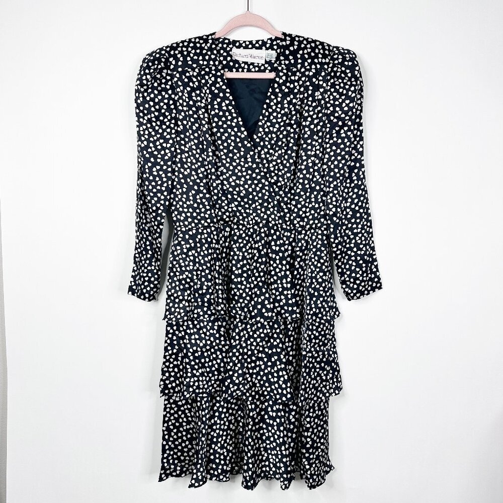Vintage Heart Print Tiered Dress 10 V-Neck Black Valentine's Galentine's #A1041 - Picture 2 of 9